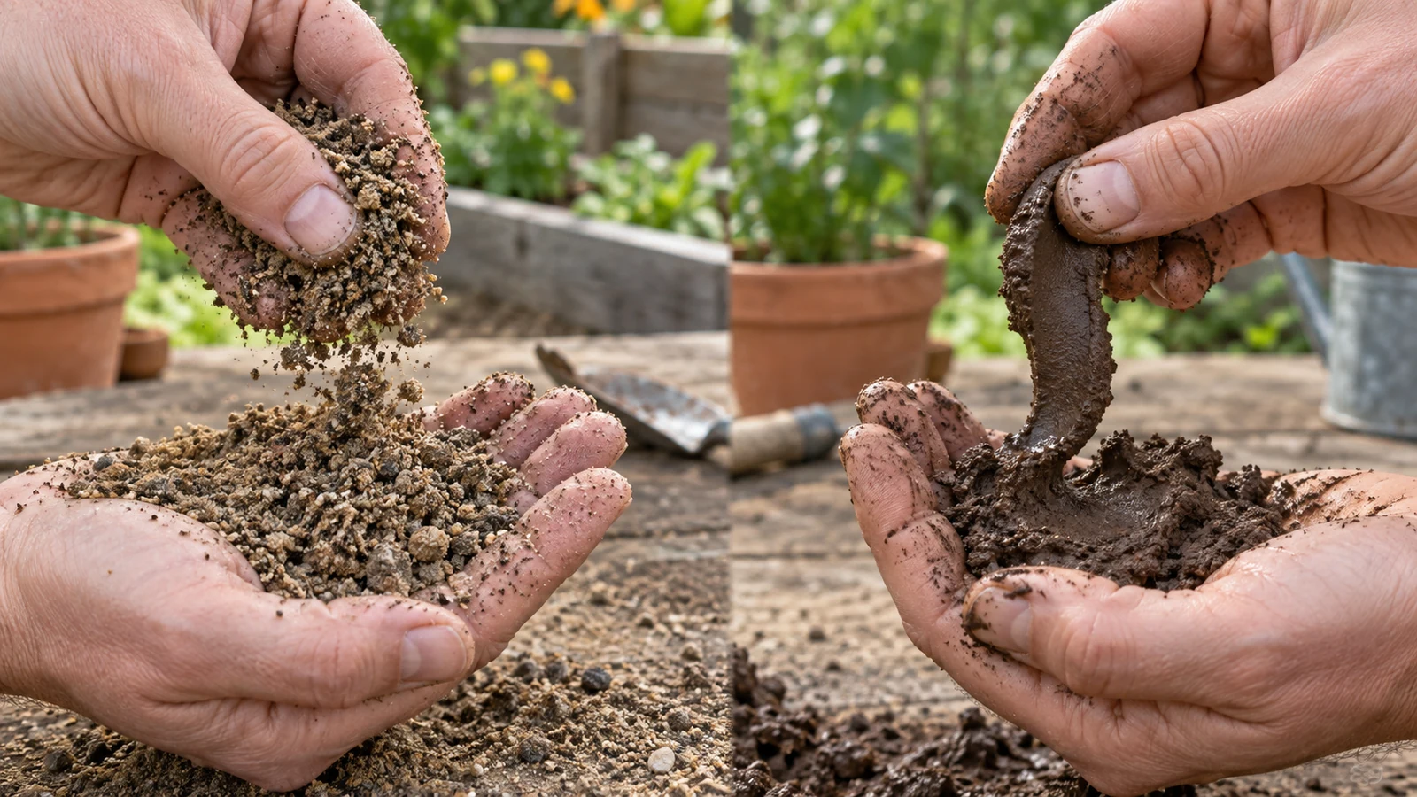 Hands comparing gritty sandy soil that crumbles with moist clay-rich soil pressed into a ribbon