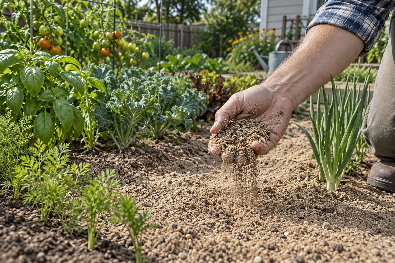 Gardener holding loose gritty sandy garden soil over a productive vegetable bed