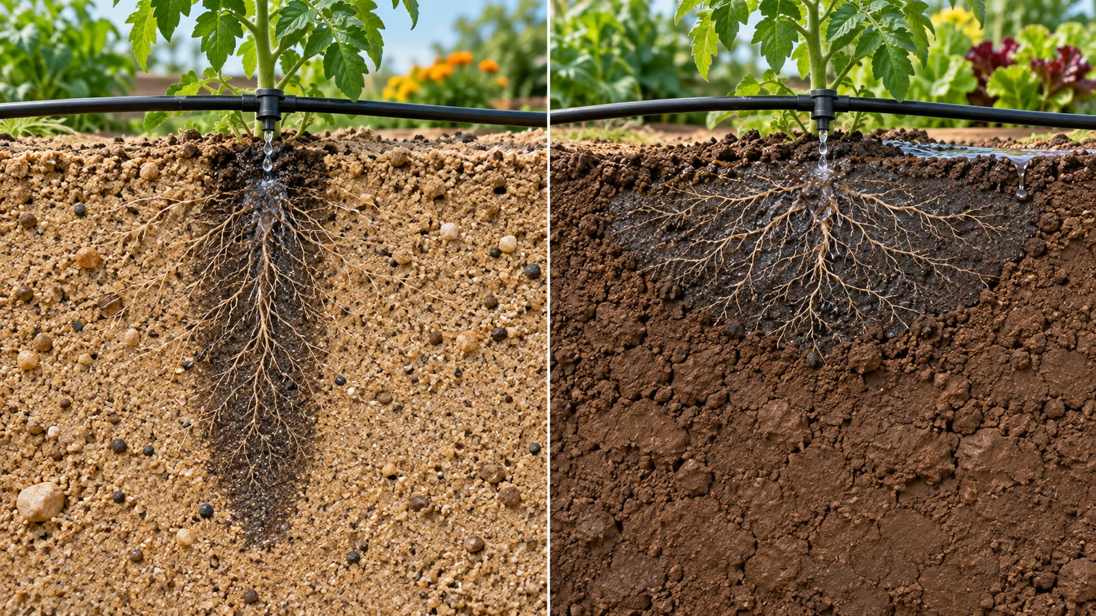 Cutaway comparison of narrow deep drip wetting in sandy soil and wider shallower wetting in clay-rich soil
