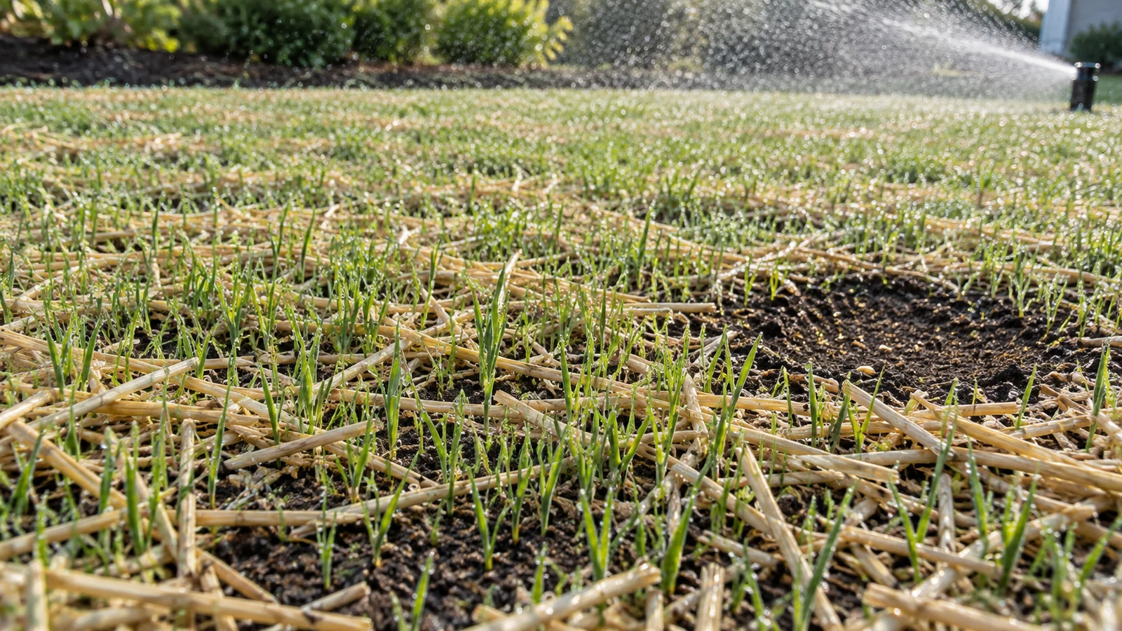 New grass seedlings emerging through light straw mulch under a fine irrigation spray without puddles