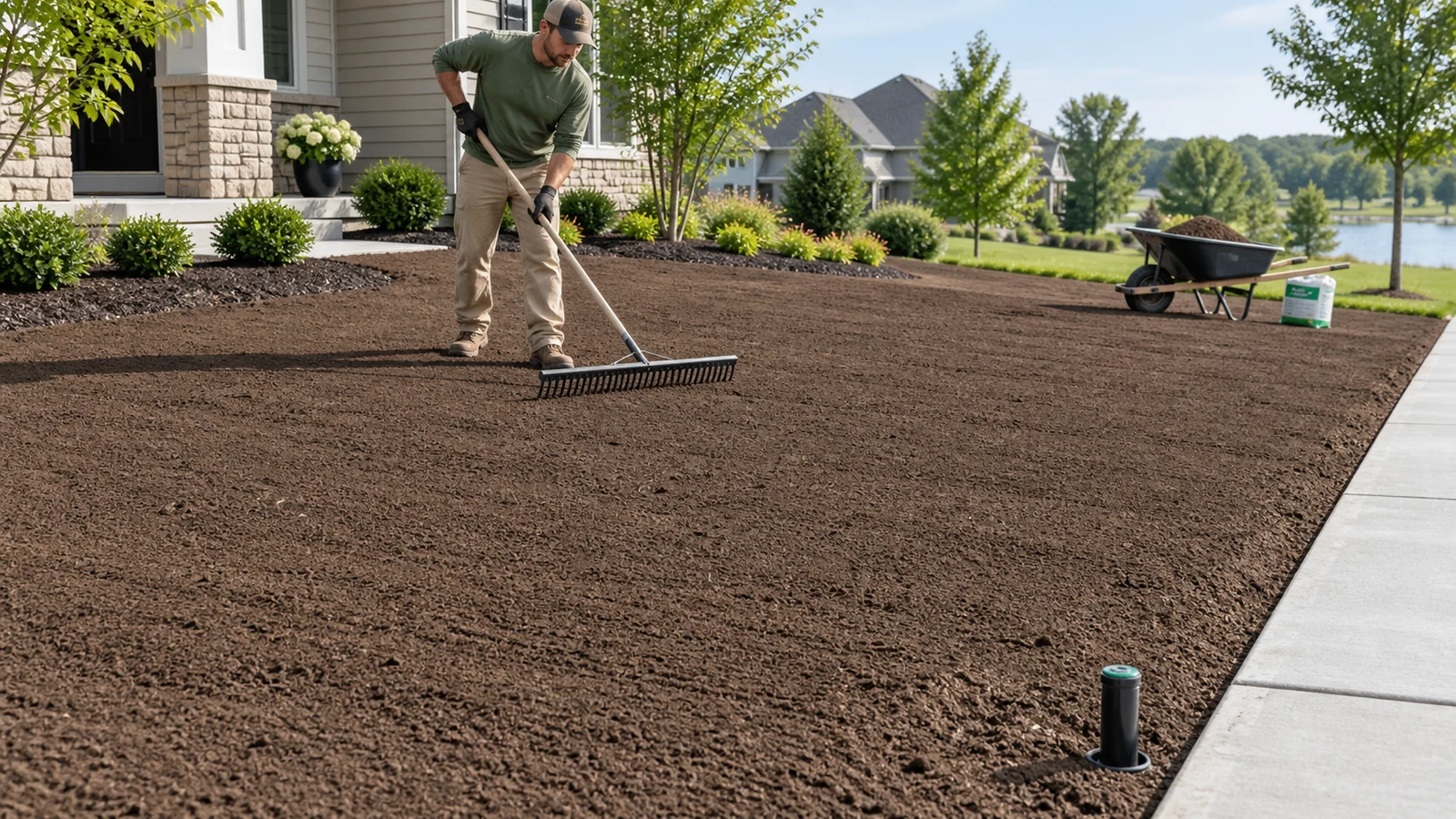 Gardener raking a broad bare lawn into a smooth firm grade before sod or seed installation