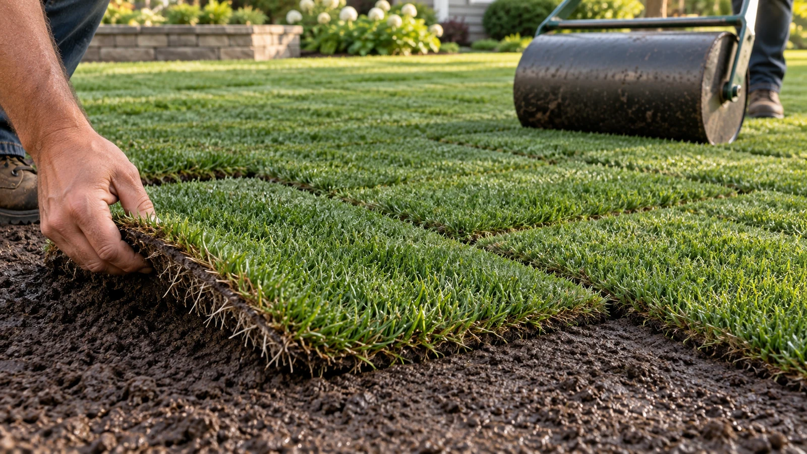 Fresh sod strips with tight staggered seams being rolled onto moist prepared soil while one edge is checked