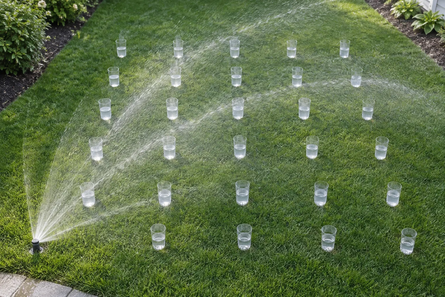 Straight-sided catch cups arranged across a lawn while sprinklers run over them