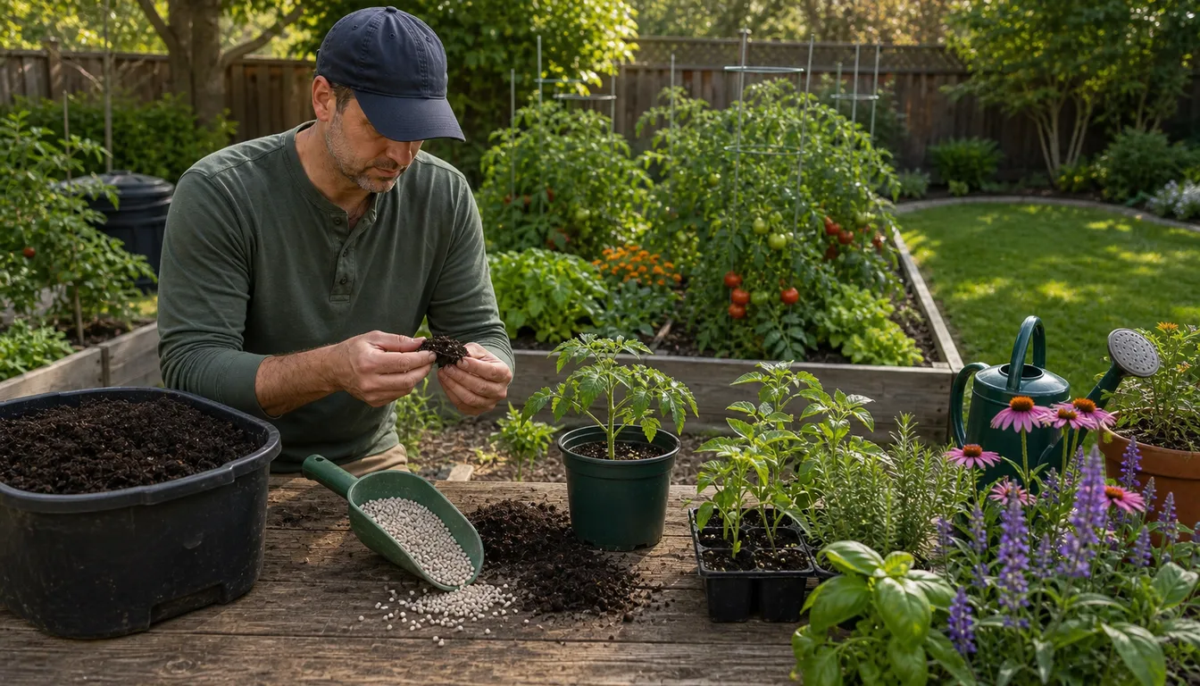 gardener checking soil beside fertilizer granules seedlings flowers vegetable beds and lawn
