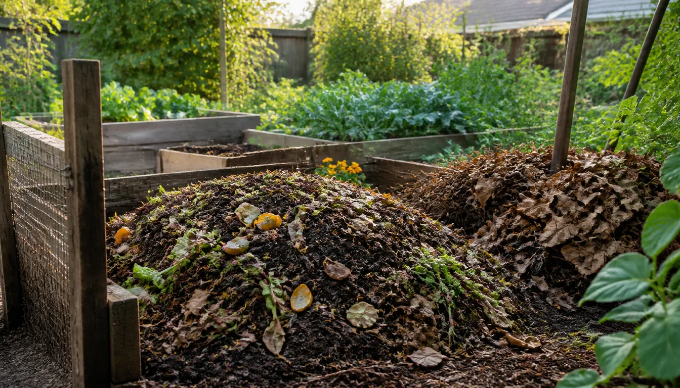 backyard compost pile with kitchen scraps and dry leaves