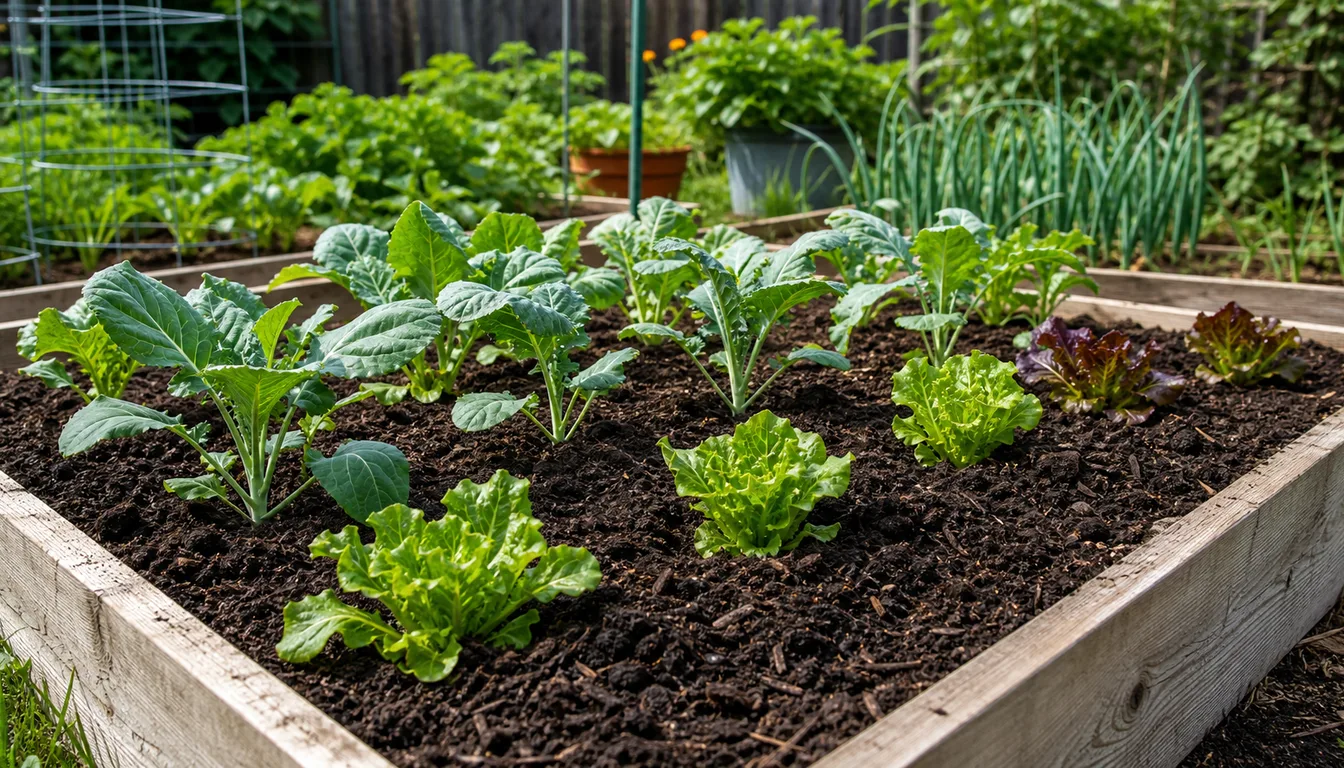 vegetable garden bed amended with dark finished compost