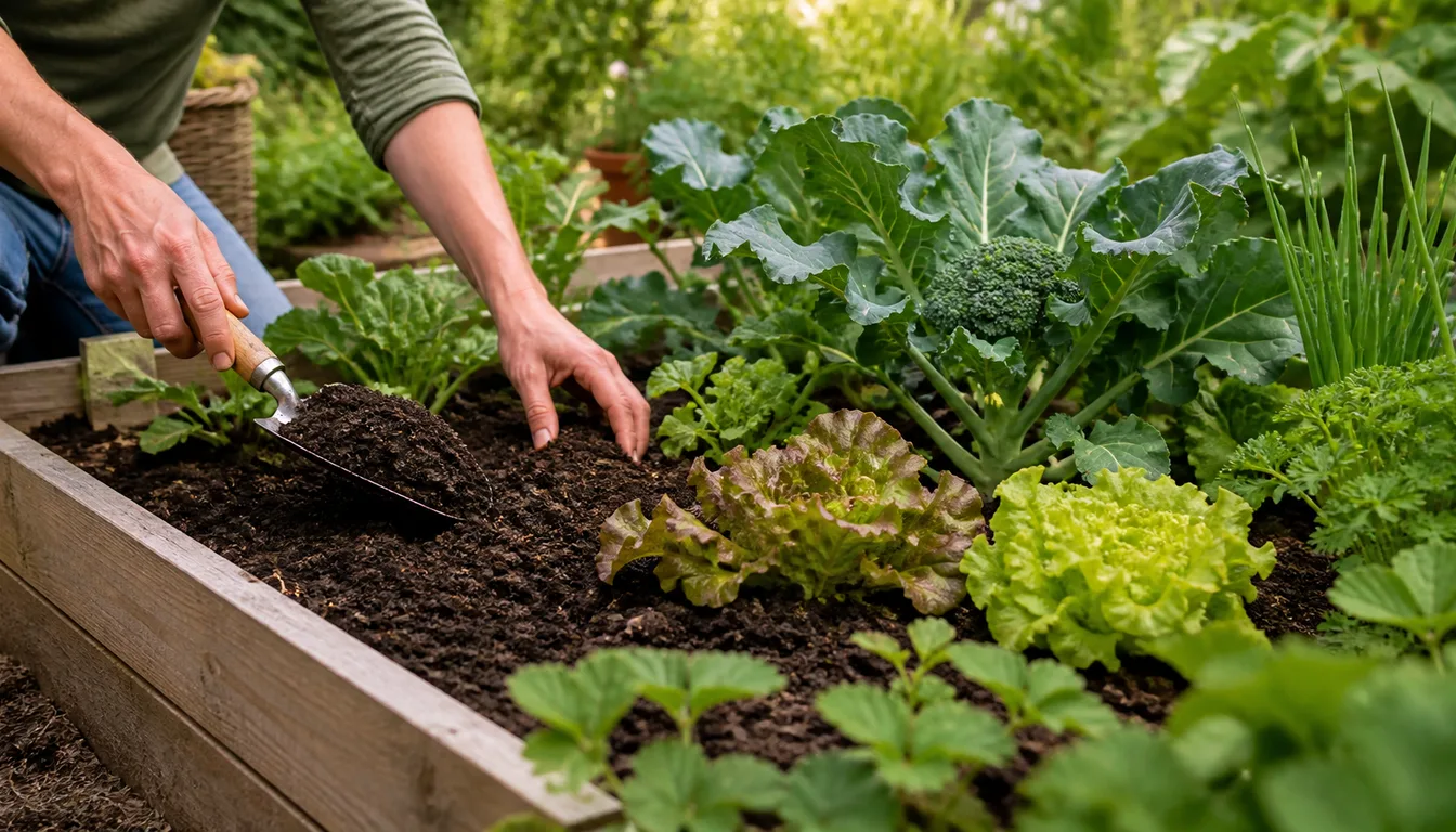 topdressing raised garden beds with finished compost around vegetables