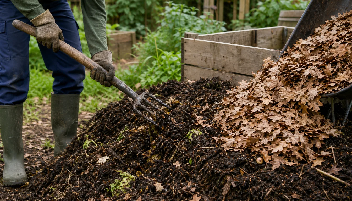 turning a smelly compost pile and adding dry leaves for balance