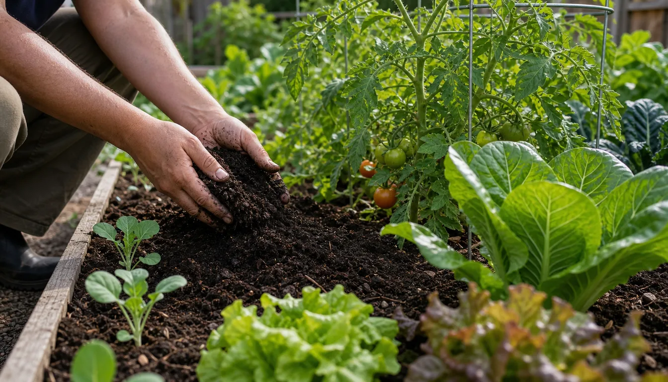 gardener spreading dark finished compost around healthy vegetable plants in a raised bed