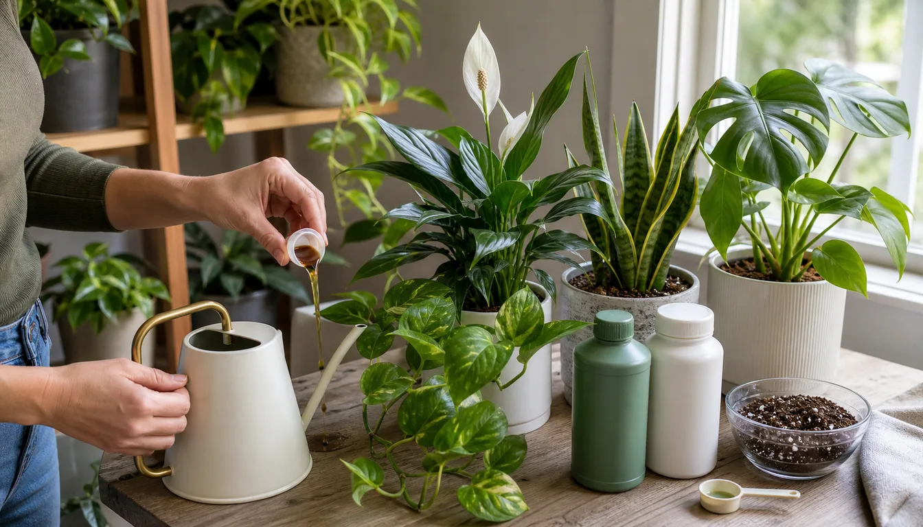 diluted liquid fertilizer being measured beside healthy indoor houseplants near a window