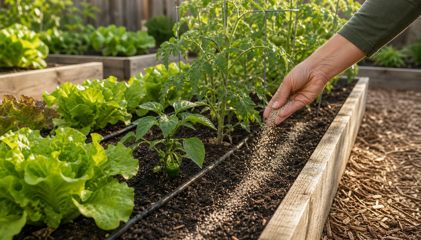 gardener side dressing fertilizer along vegetable raised bed rows