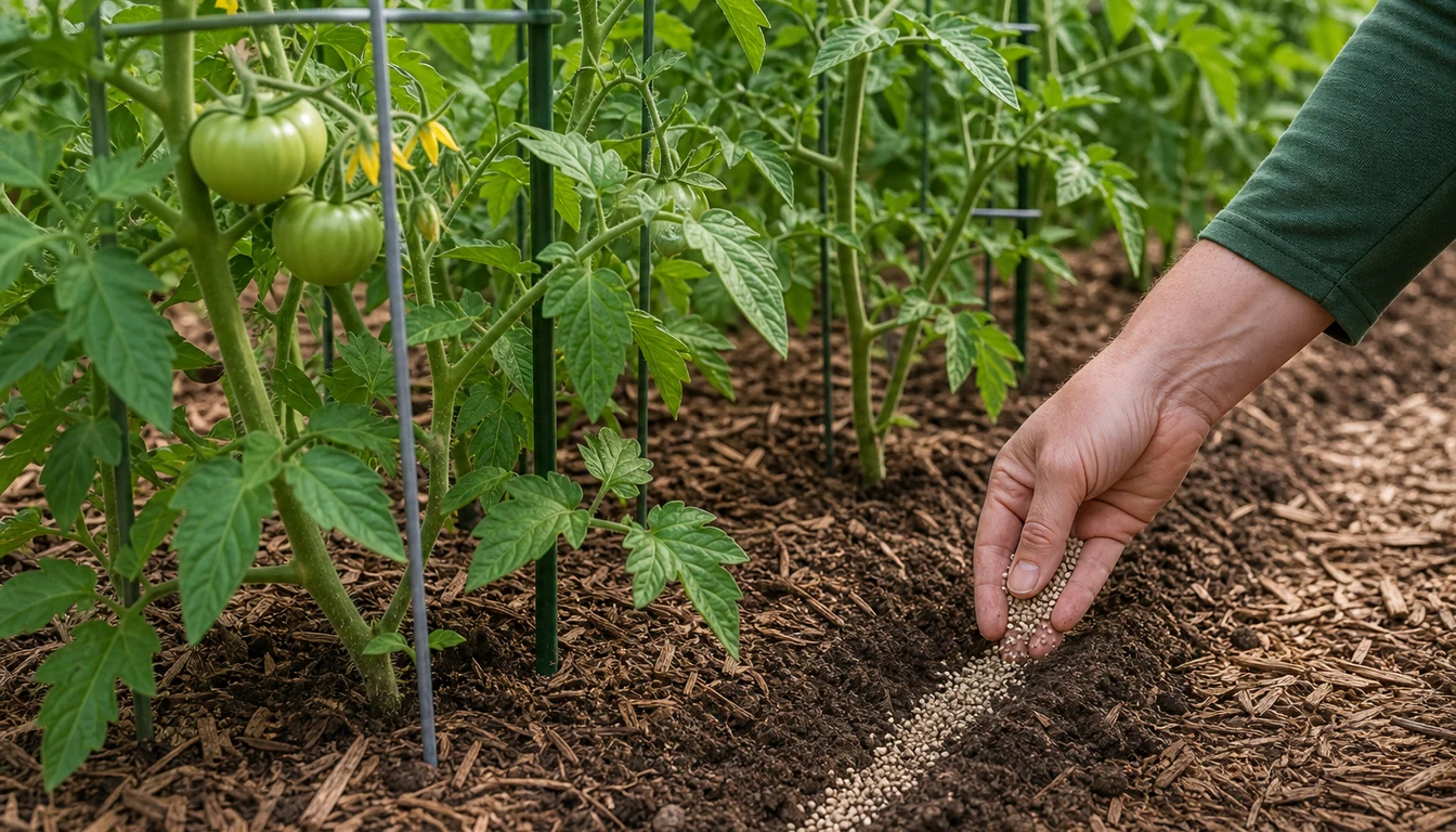 gardener side dressing fertilizer alongside tomato plants in a row