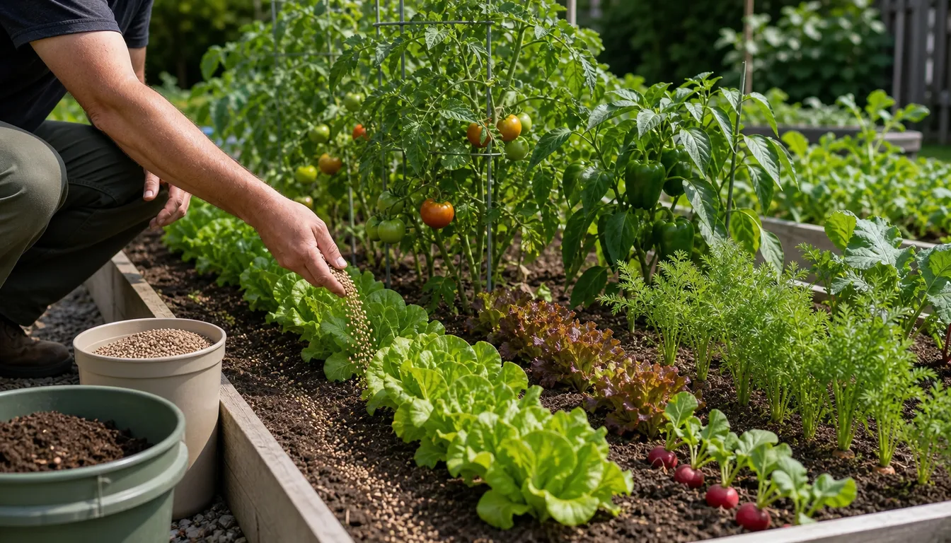 granular fertilizer being applied lightly beside mixed vegetable rows in a raised garden bed