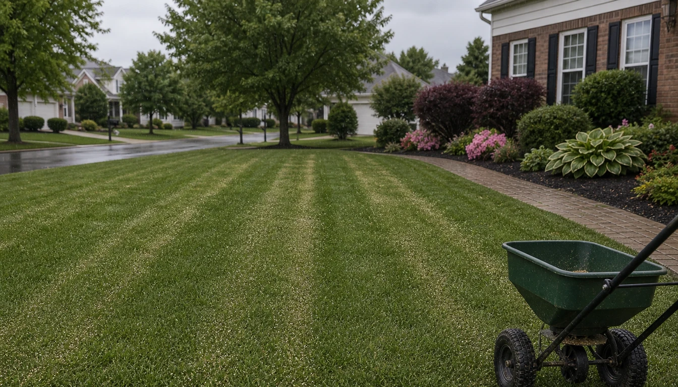 home lawn right before light rain with spreader stripes visible