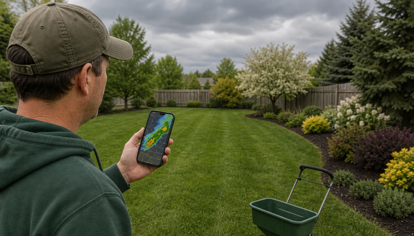 smartphone weather radar app open while looking at backyard lawn