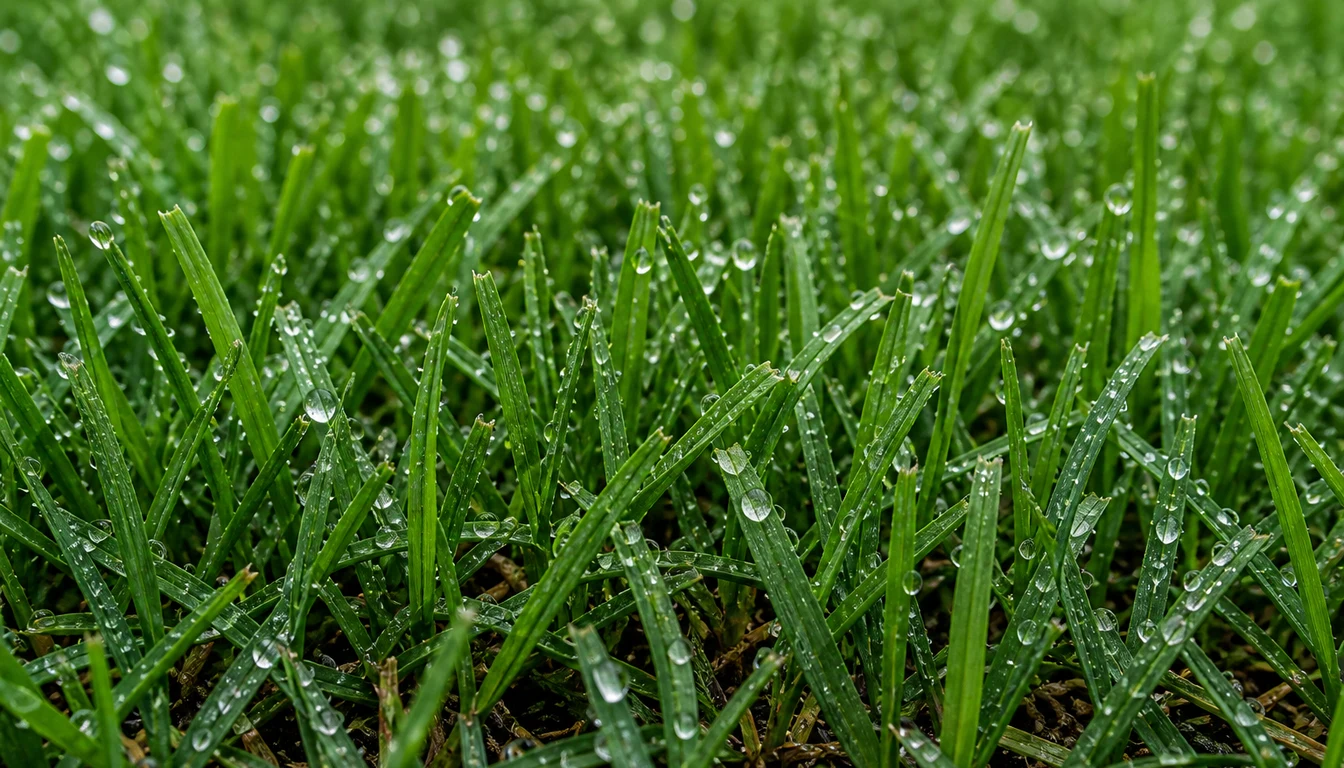 closeup of green lawn blades with water droplets after rain