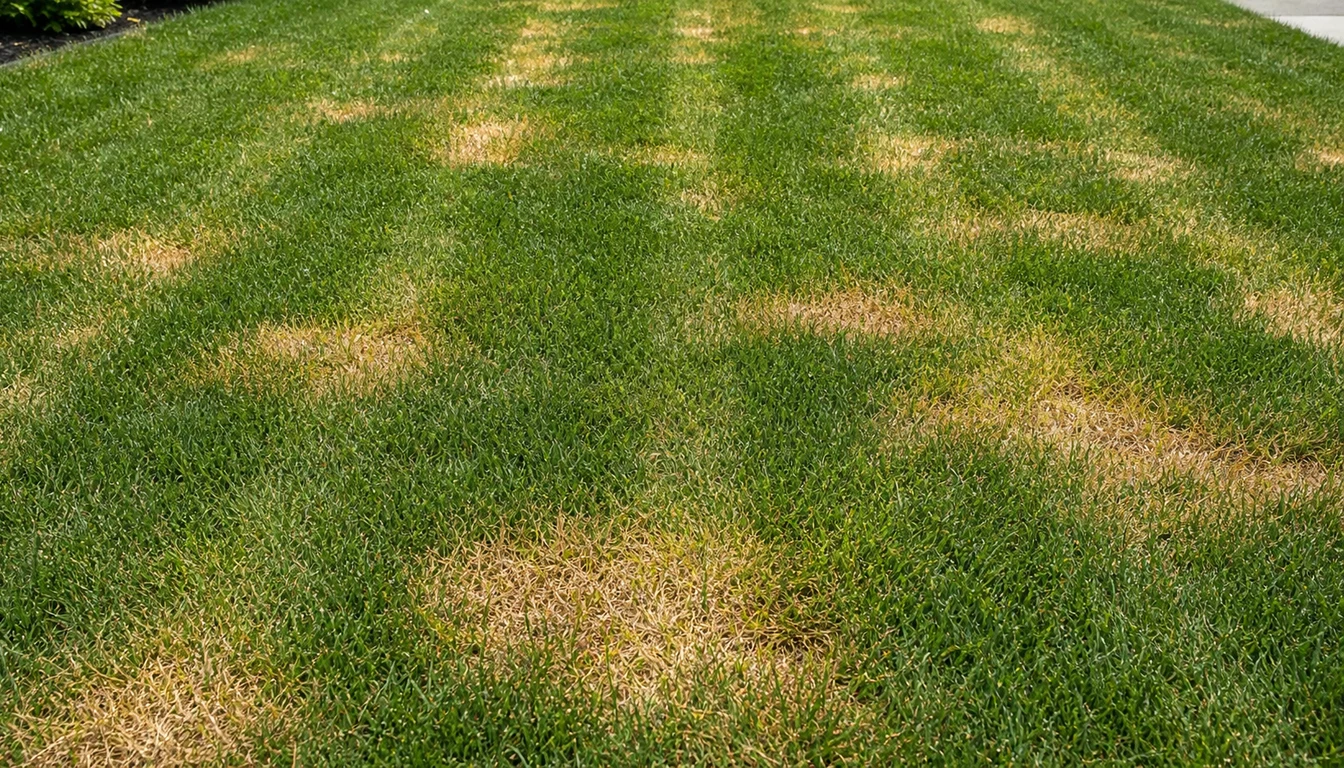 patchy lawn with yellow and brown fertilizer burn spots