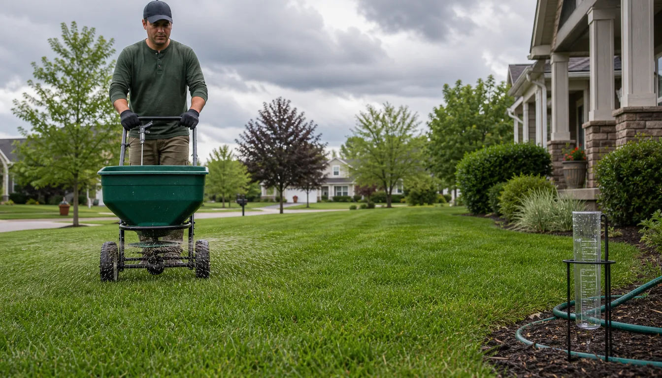 gardener using a broadcast spreader on a healthy lawn before light rain