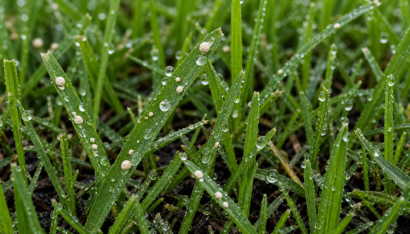close up of wet grass blades with fertilizer granules stuck on