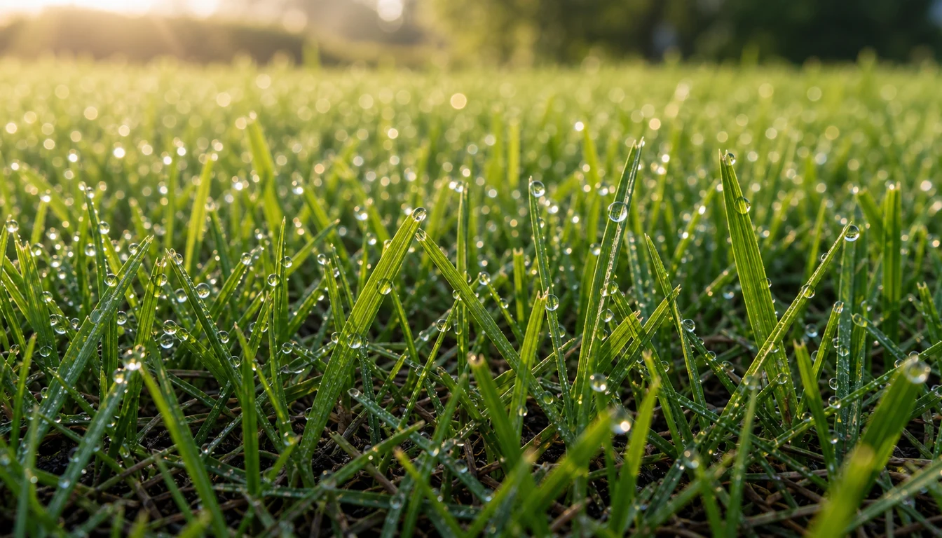 lawn with light morning dew glistening in early sun