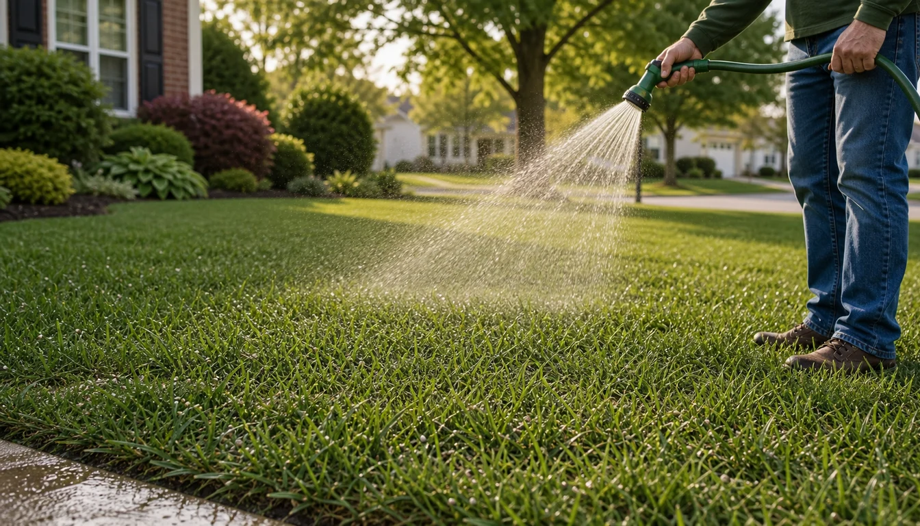 homeowner lightly watering a newly fertilized lawn