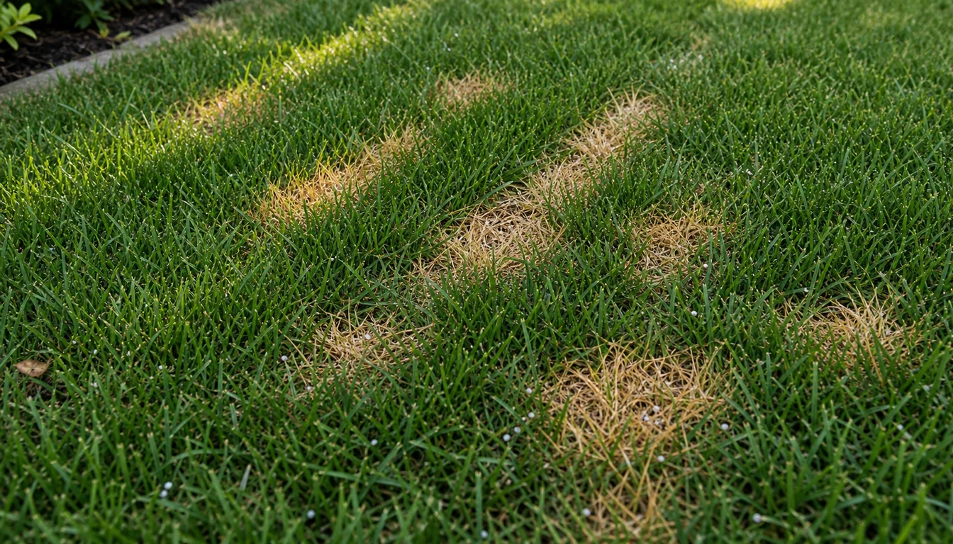 closeup of fertilizer burn patches on a residential lawn