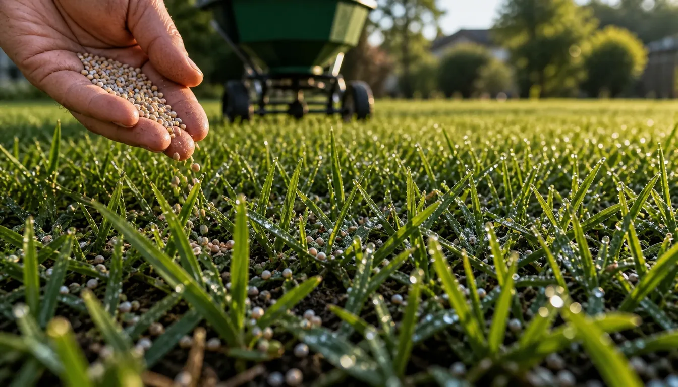 fertilizer granules scattered across dew-covered grass blades in morning light