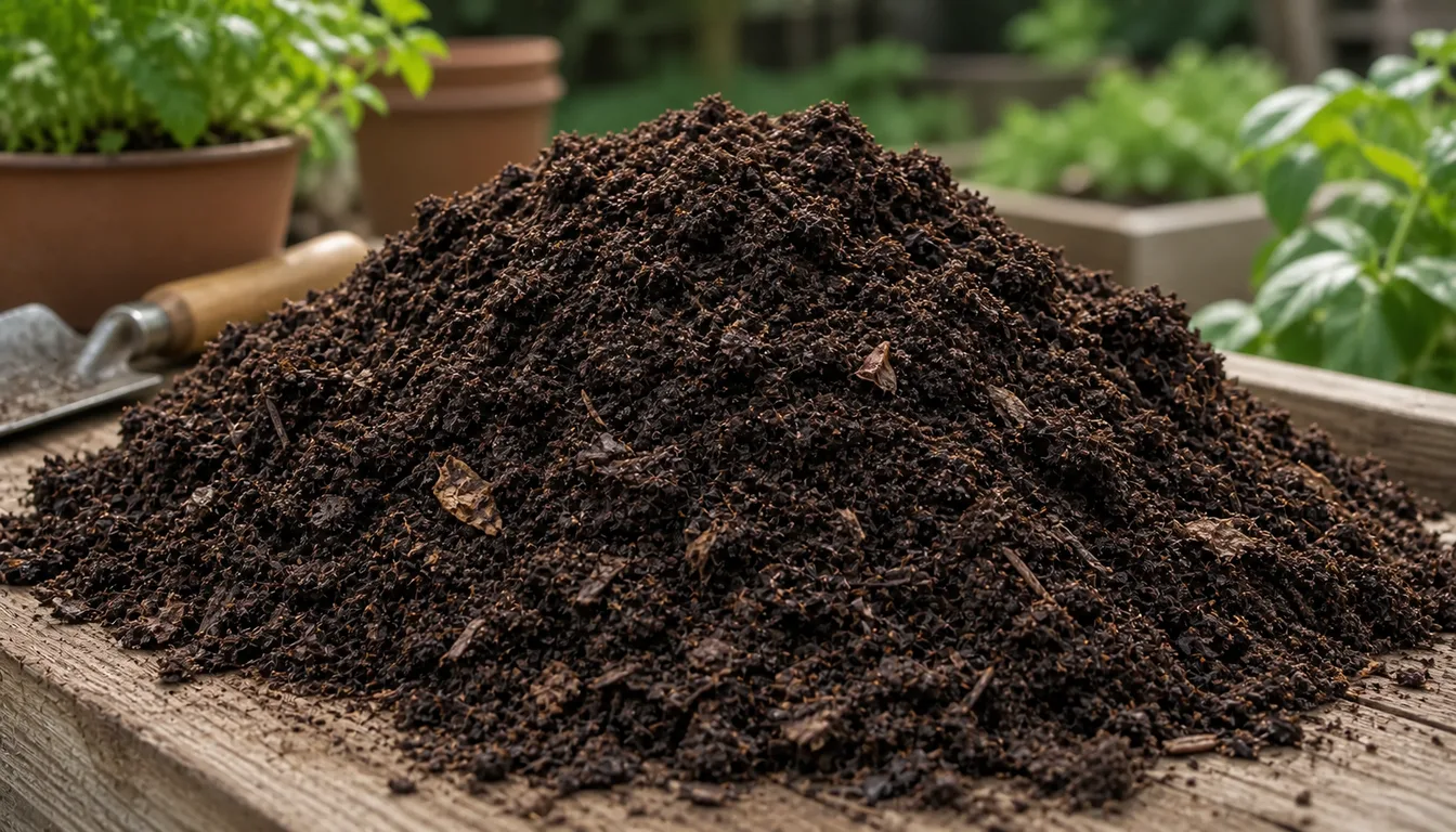 closeup of finished compost with dark crumbly texture