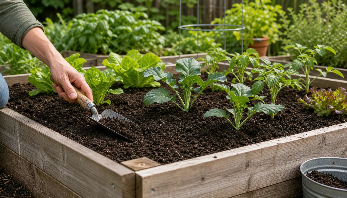 spreading dark compost on raised vegetable beds with trowel