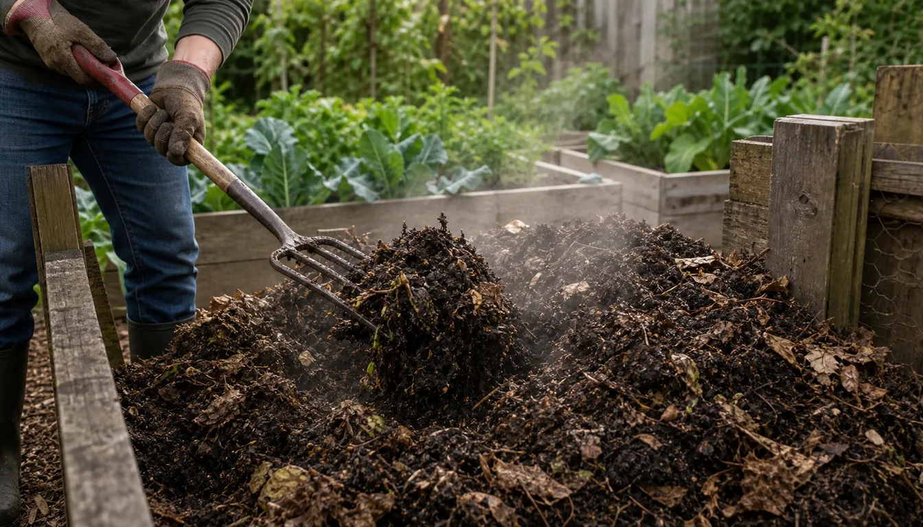 gardener turning steaming compost pile with garden fork