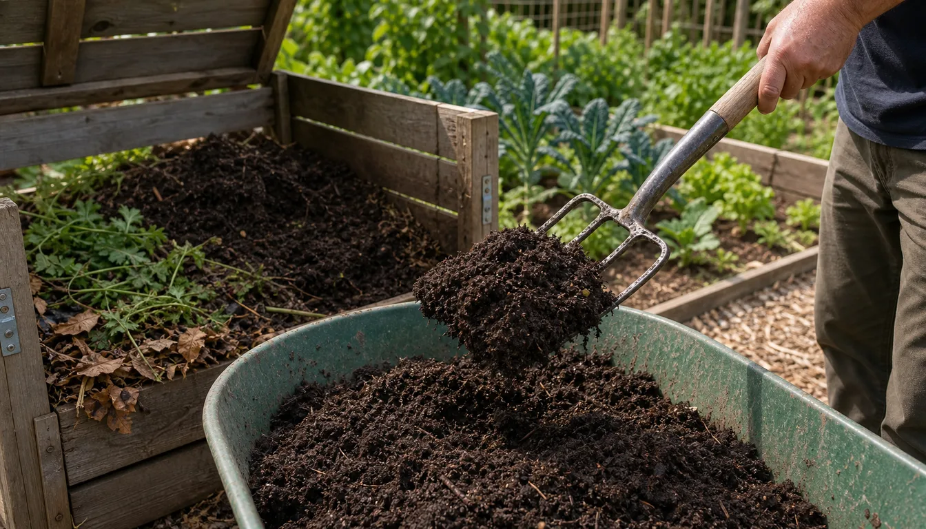 garden fork lifting dark crumbly finished compost from a backyard compost bin