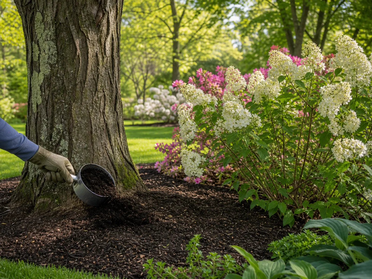 Compost and slow-release fertilizer being applied around trees and shrubs at the dripline