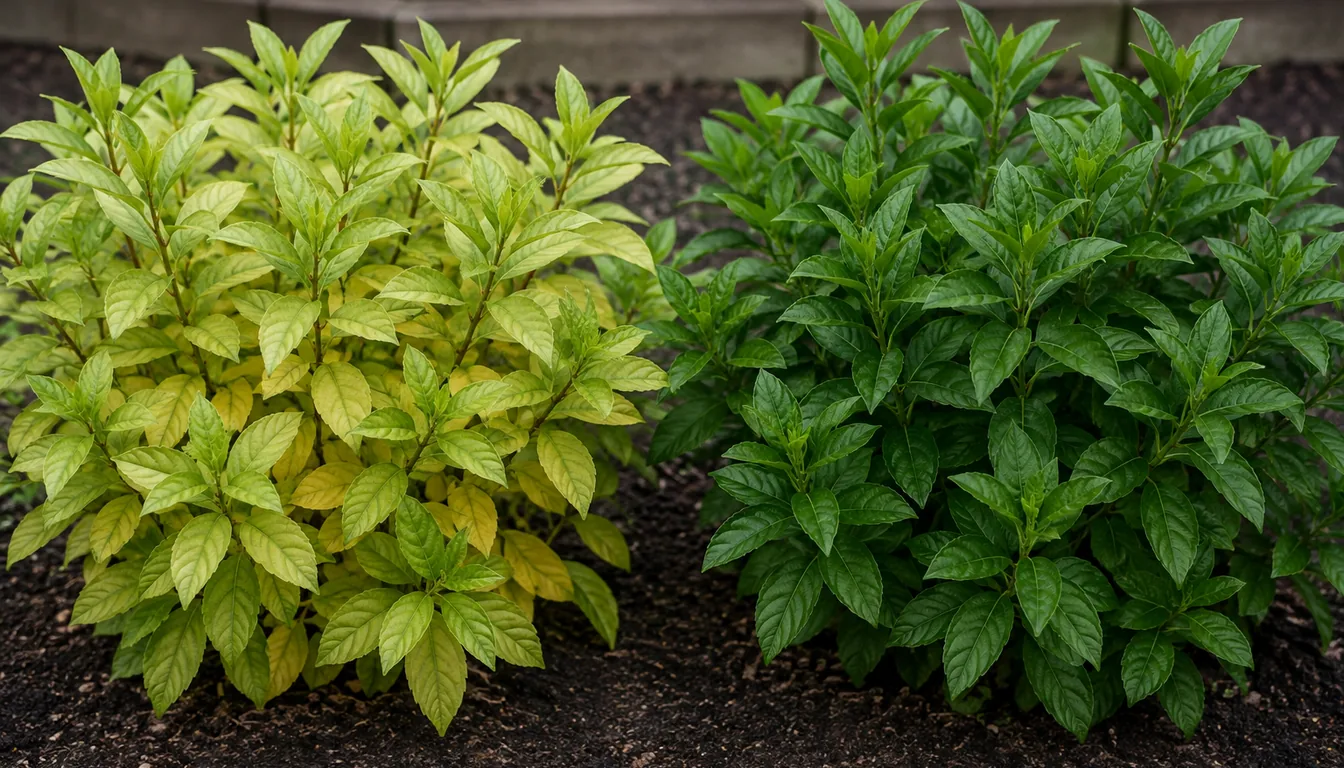 Two shrubs of the same kind side by side in a garden bed, the left with pale washed out yellow-green foliage throughout and the right with uniformly deep green leaves