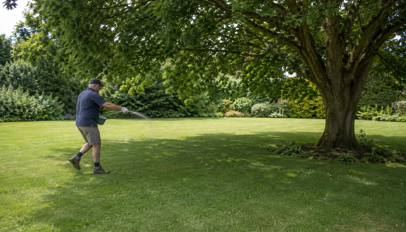 A person walking across open lawn near the outer edge of a large tree's canopy, scattering pale granular fertilizer over the grass several meters from the trunk