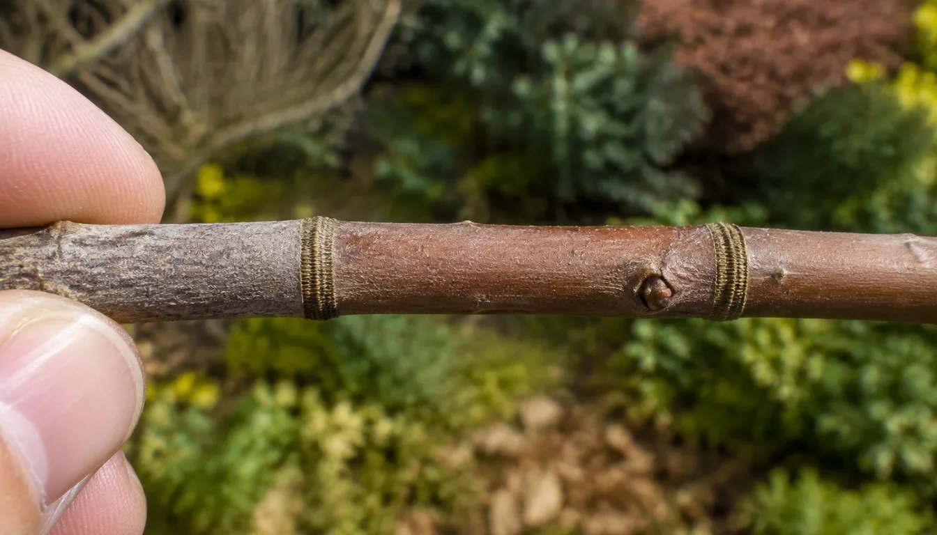 A bare woody twig held between finger and thumb with two narrow bands of fine rings encircling the bark and a short length of smooth younger bark between them