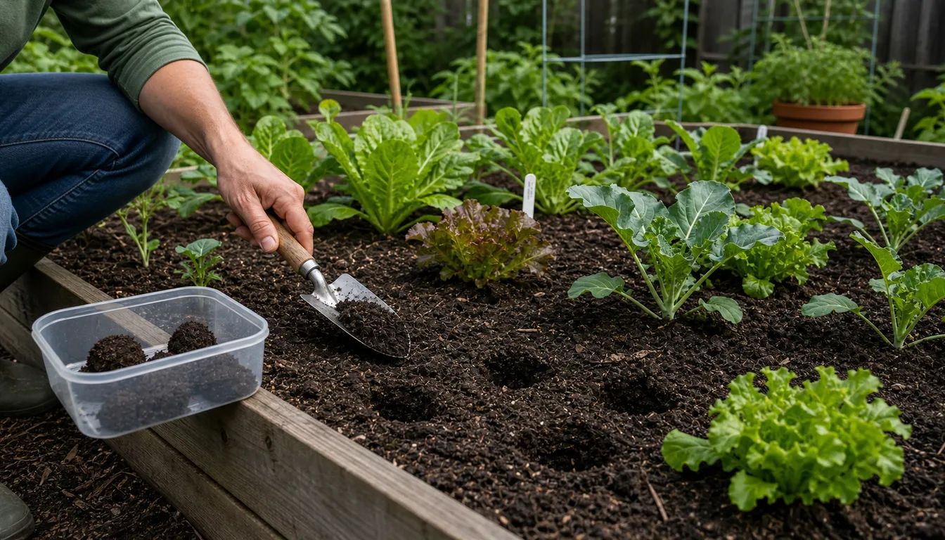 home gardener collecting soil samples from raised vegetable bed