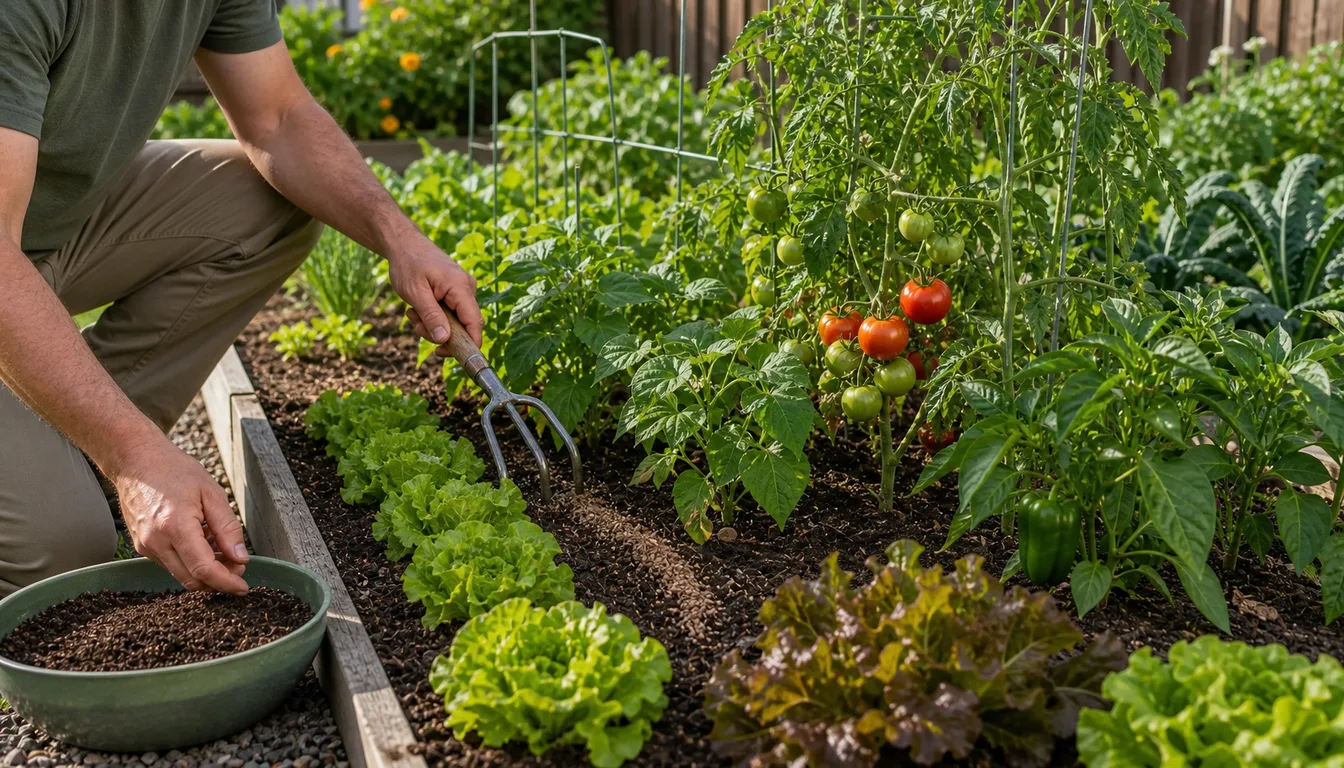 gardener side-dressing fertilizer beside healthy vegetable rows in a raised bed