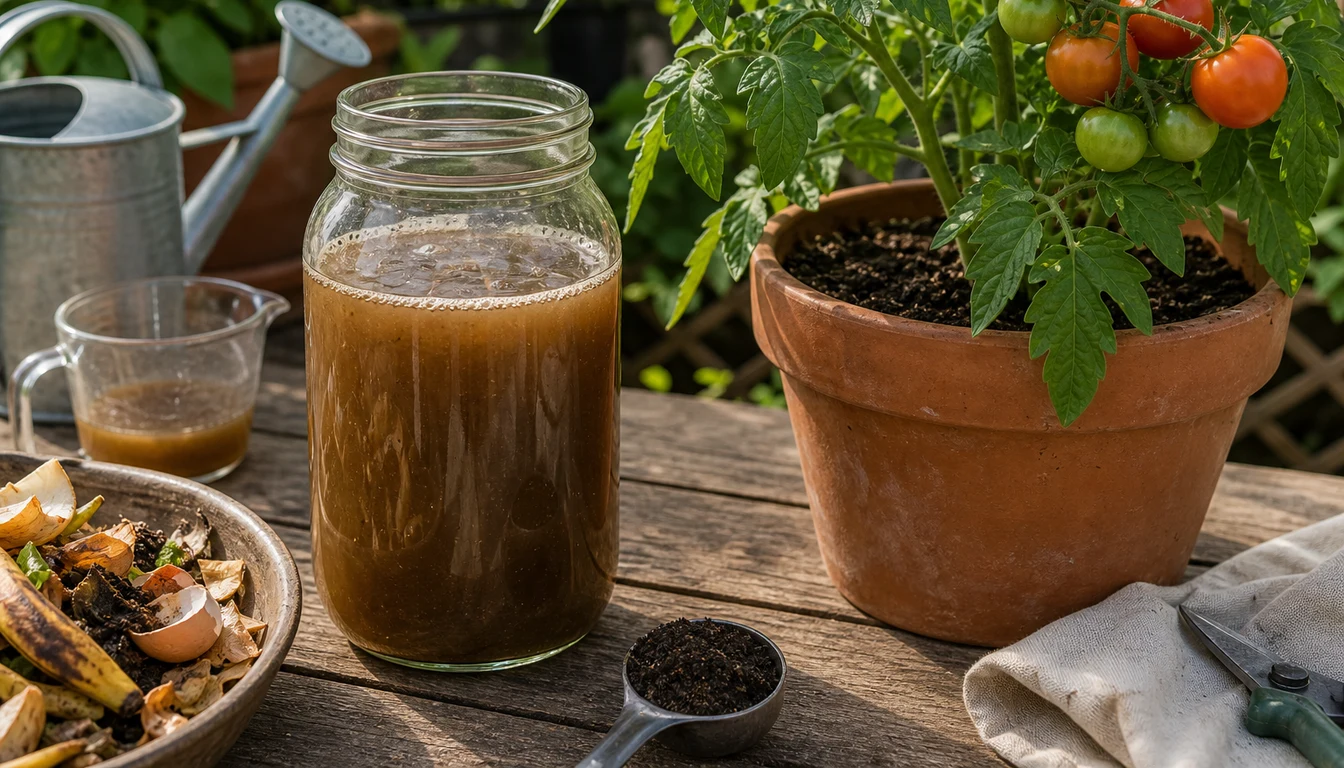 jar of homemade liquid fertilizer next to potted tomato plant
