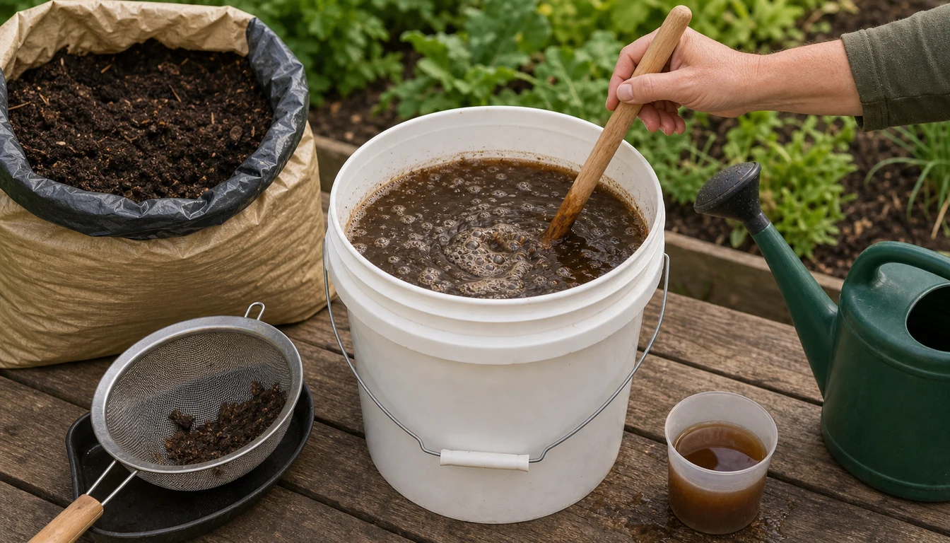 Hand stirring finished compost into water in a white bucket, beside a sack of compost, a mesh strainer and a cup of strained brown liquid