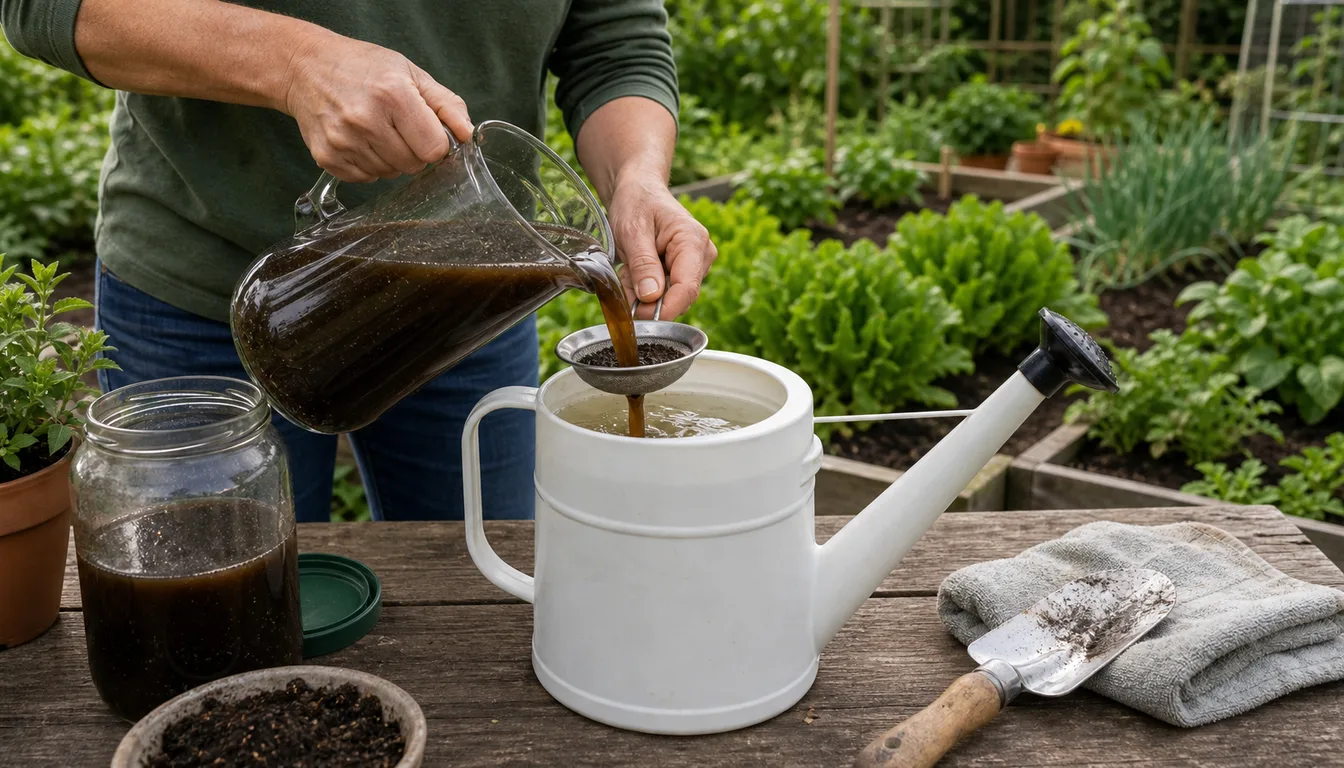 Pouring dark brown liquid from a glass pitcher through a small strainer into a white watering can on a garden bench
