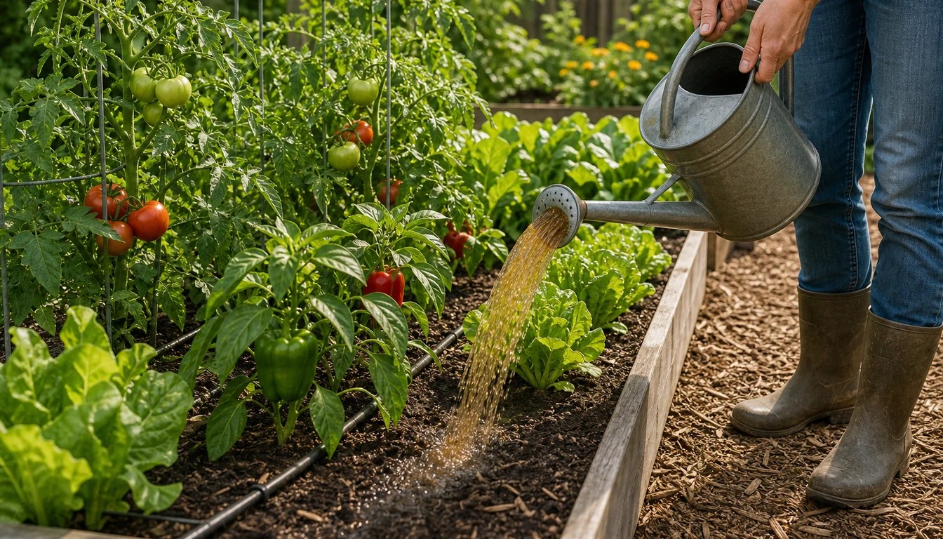 Watering can pouring a stream onto the soil between lettuce and pepper plants in a raised bed, away from the leaves, with staked tomatoes behind