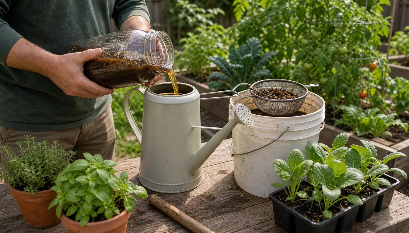 strained homemade liquid fertilizer being poured into a watering can on an outdoor potting bench
