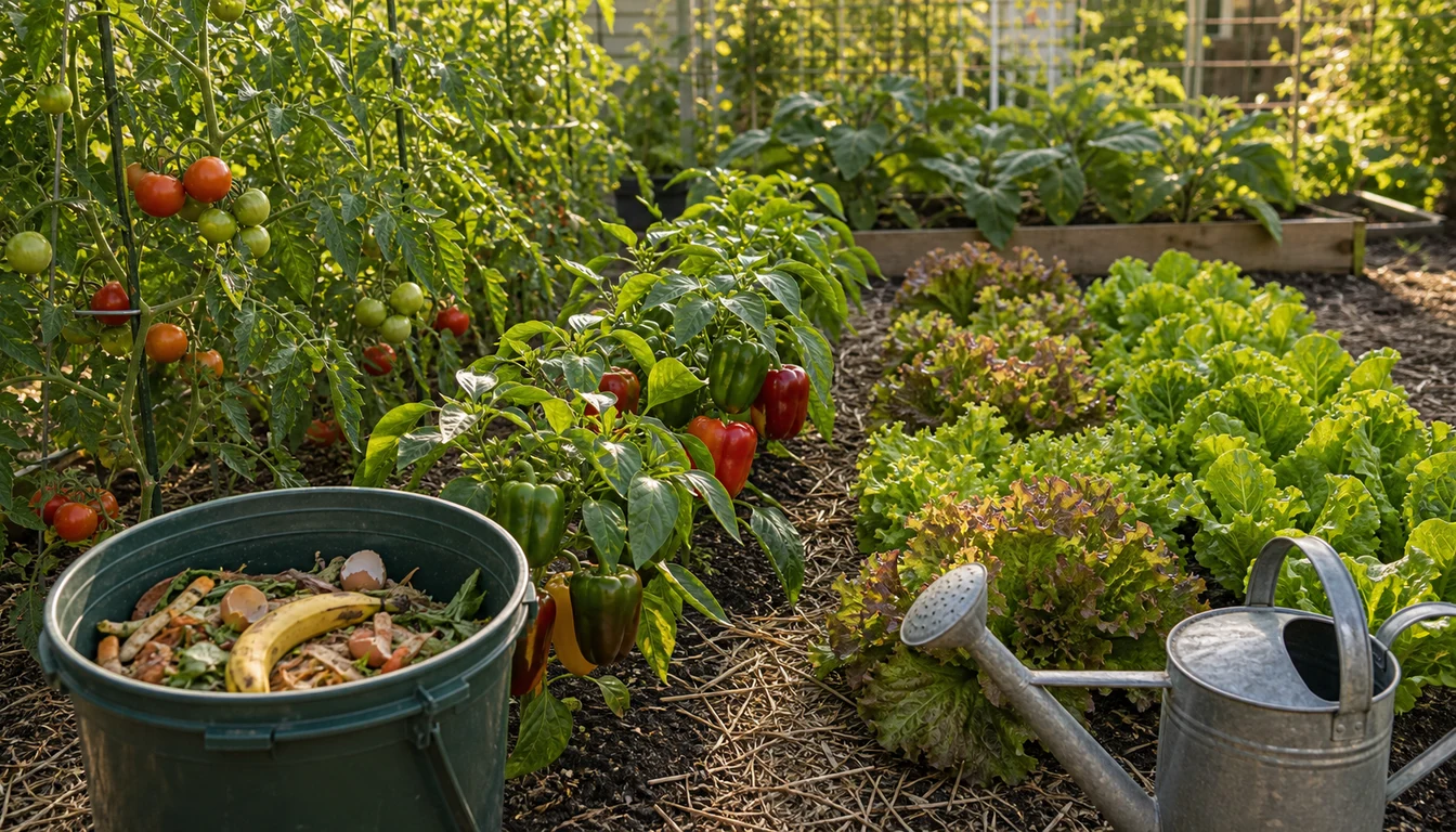 garden bed with tomatoes peppers and lettuce showing different fertilizer needs