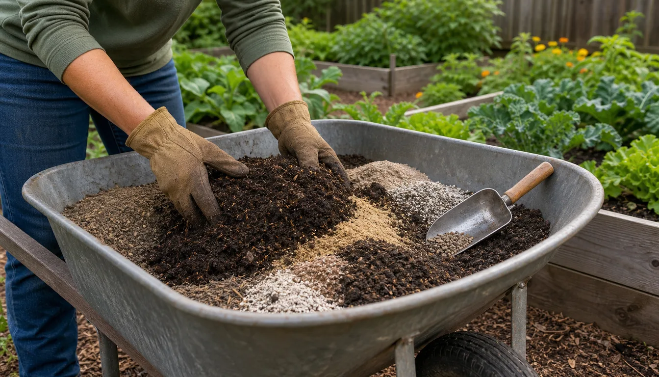 hands mixing dry organic fertilizer ingredients in a wheelbarrow