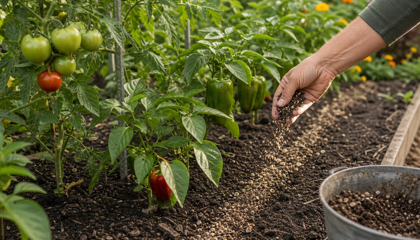 side dressing vegetable row with homemade granular fertilizer