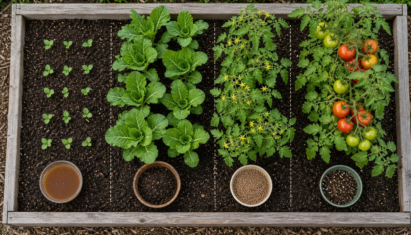 Overhead view of a raised bed planted in four strips of young seedlings, cabbages, flowering tomatoes and fruiting tomatoes, with four bowls of liquid, compost and granular materials along the front edge