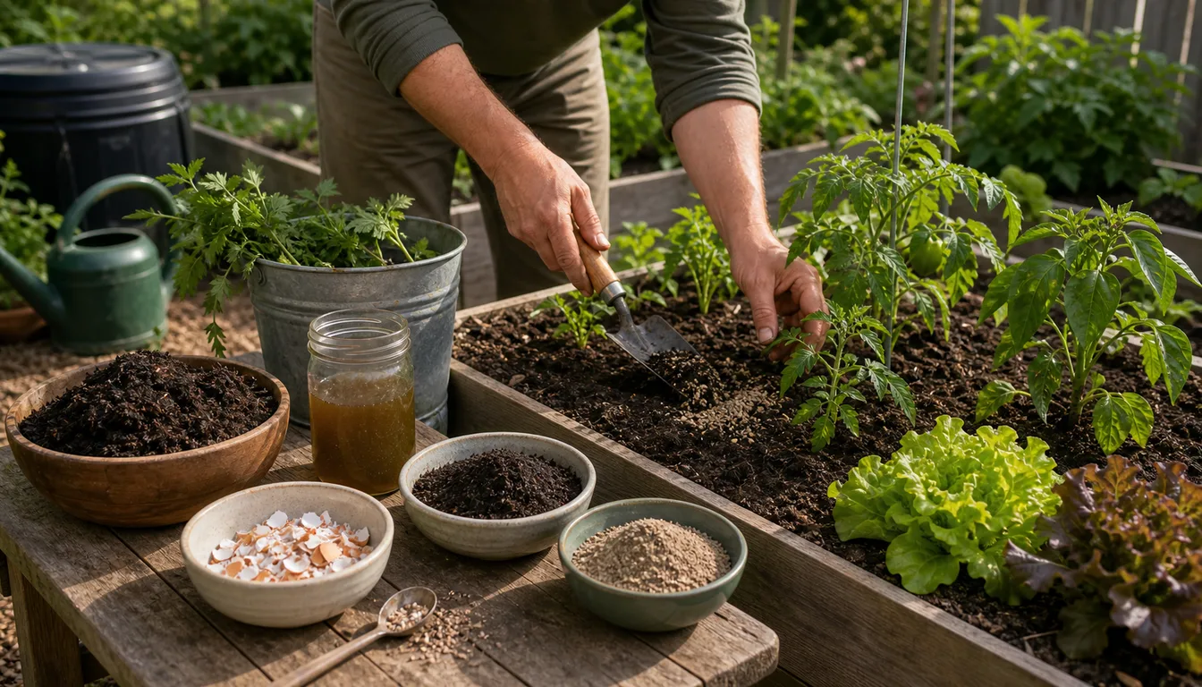 homemade vegetable fertilizer ingredients being mixed into soil beside young vegetable plants