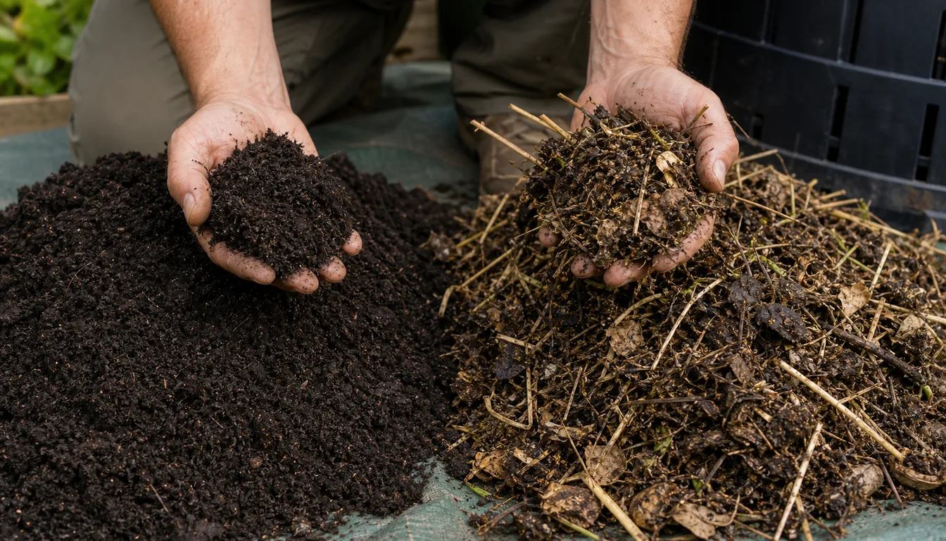 finished compost pile next to a younger pile showing different decomposition stages