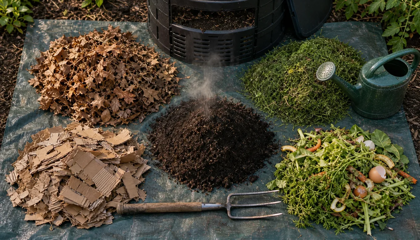 carbon and nitrogen compost ingredients laid out separately on a tarp