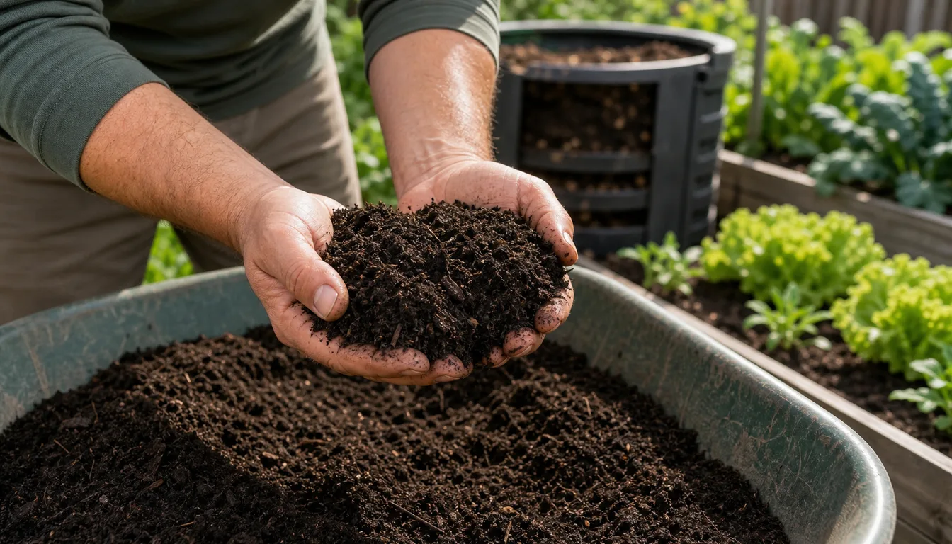 close up of finished dark crumbly compost in gardener hands